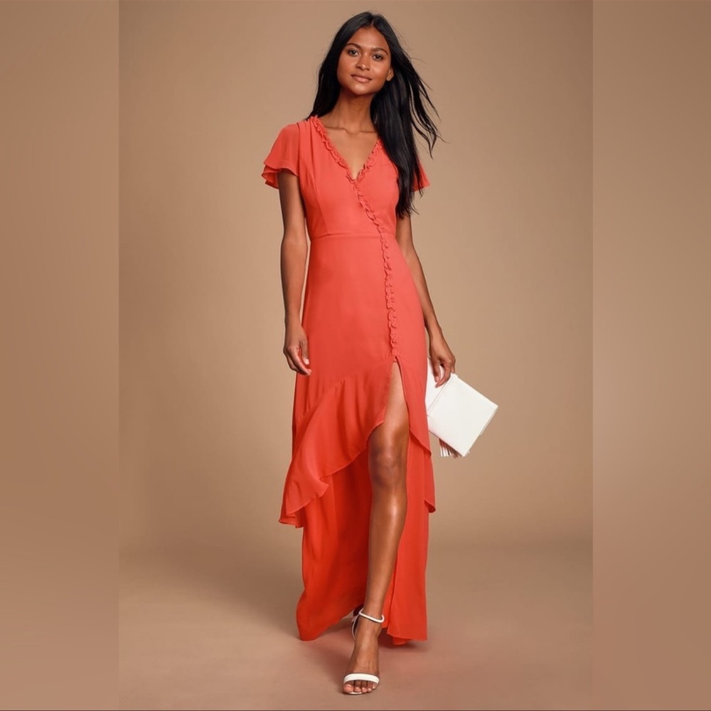 Lulu’s Pour the Champagne Coral Red Orange Ruffled Backless Maxi